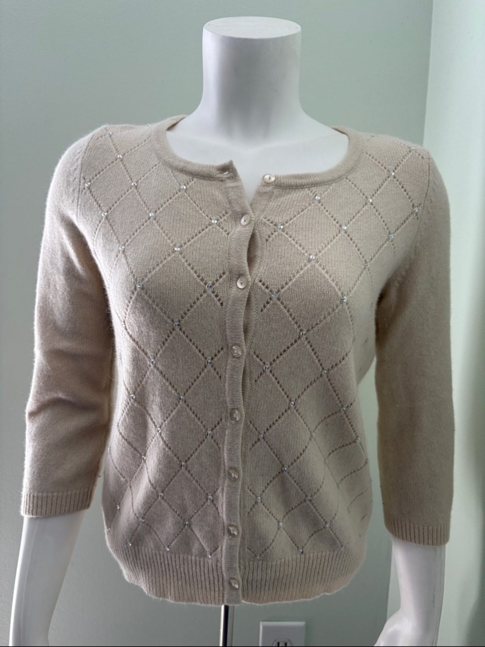 Loft cream pointelle rhinestone cardigan small